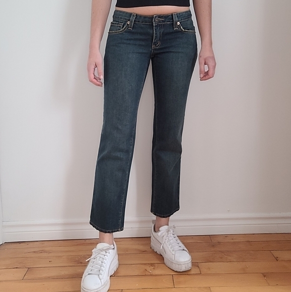 7 FOR ALL MANKIND MADE IN USA BLUE DISTRESSED STRAIGHT LEG LOW RISE DENIM JEANS - Picture 1 of 4